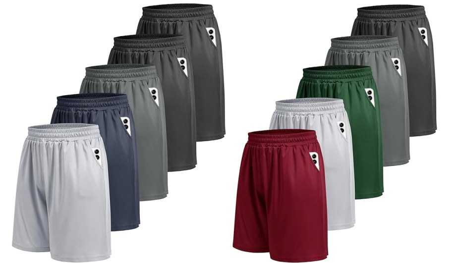 5-pack sets of mens gym shorts in various colors
