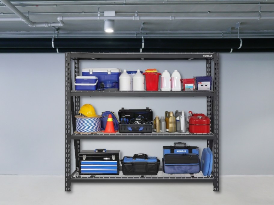 a metal 3 tier shelving unit in a garage