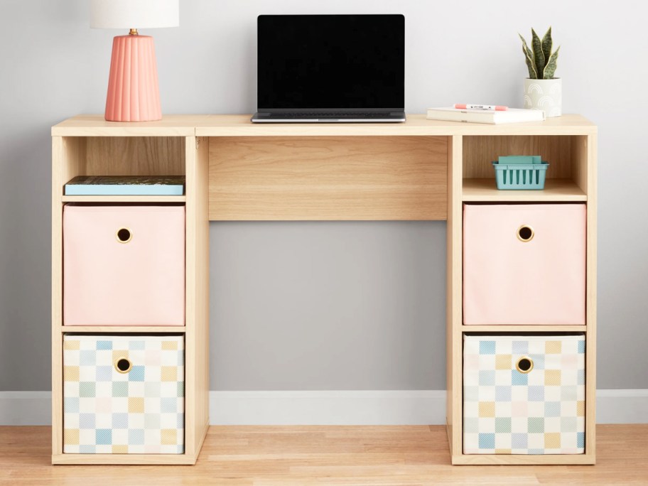 wood desk with 2 storage cube bins on either side
