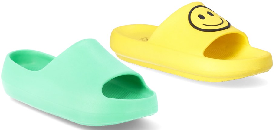 green and yellow slide sandals
