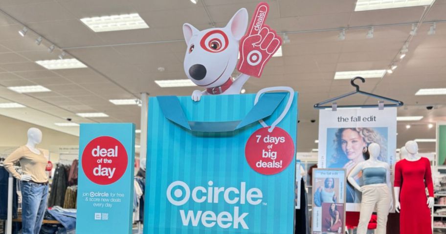 Signs advertising Target Circle Week featuring their Bullseye Dog