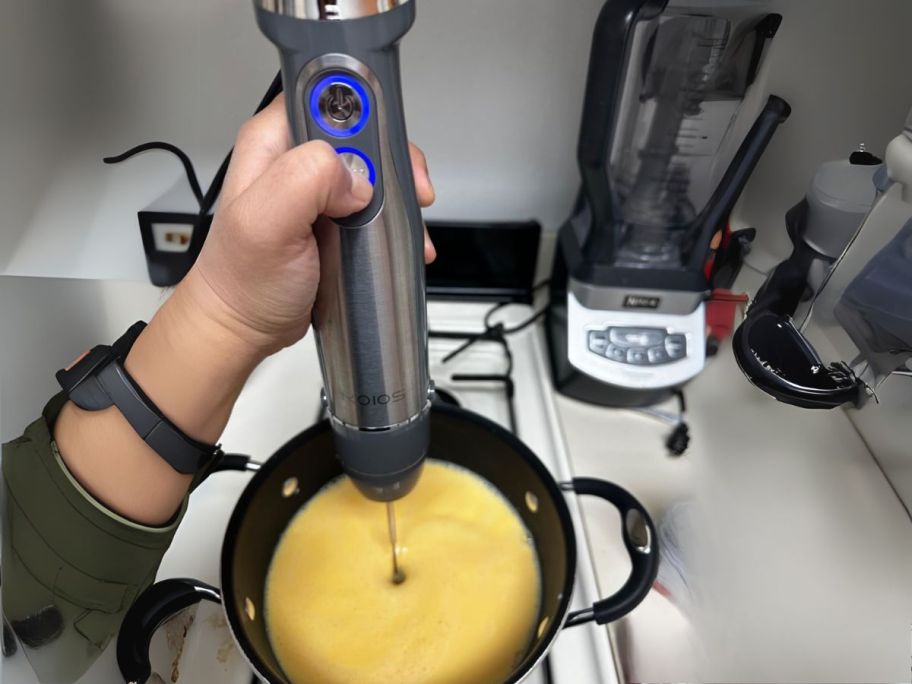 person using immersion blender in pot on stove