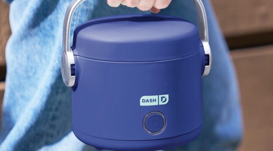 a mans hand shown carrying a blue food warmer