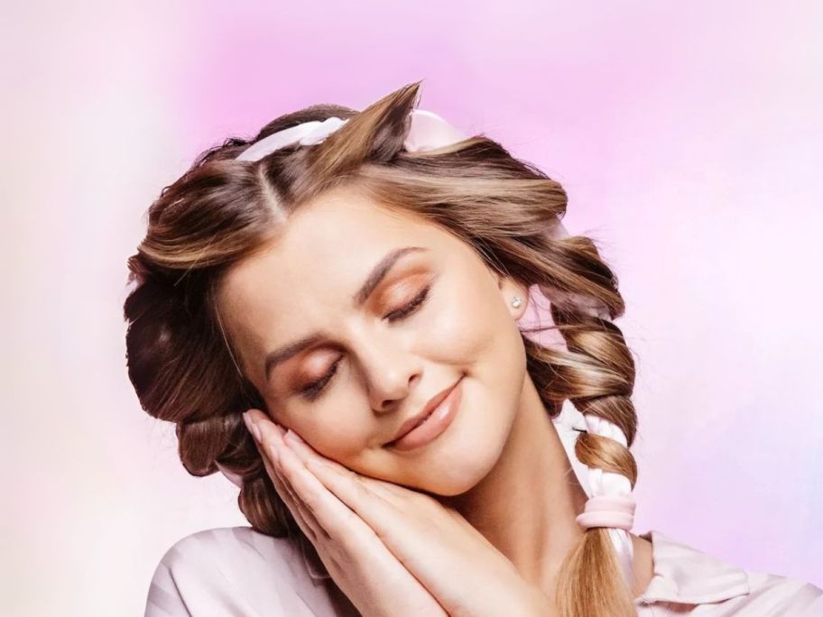 woman wearing heatless curlers