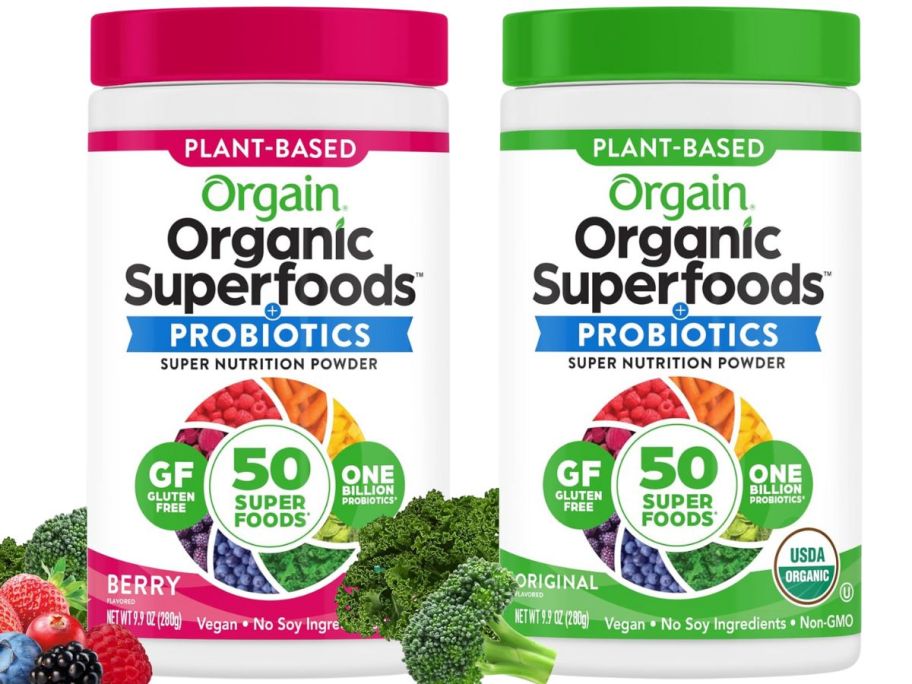 two Orgain Organic Greens Probiotic Powder containers
