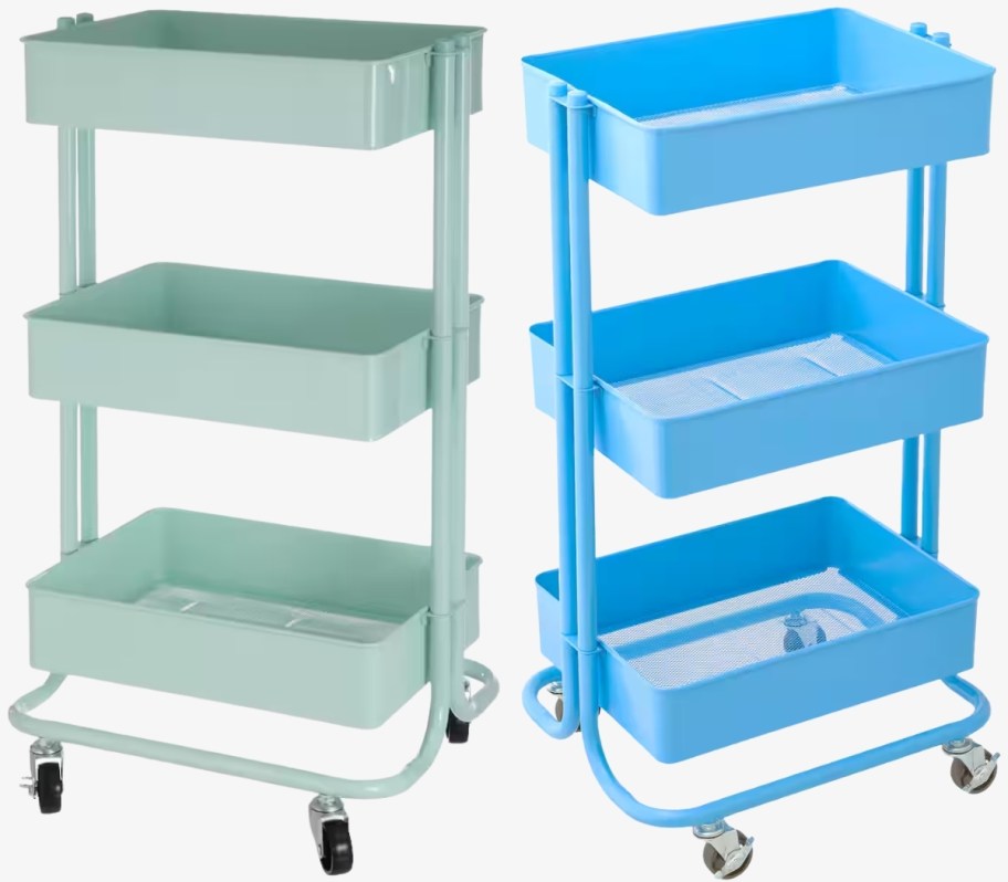 mint 3 tier and blue 3-tier rolling carts