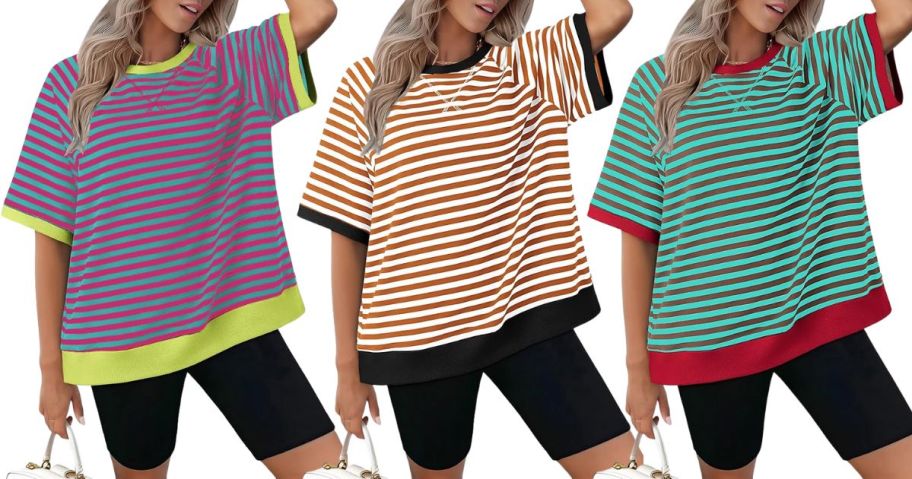 three women wearing oversized striped shirts
