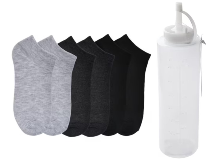 black socks and squeeze bottle