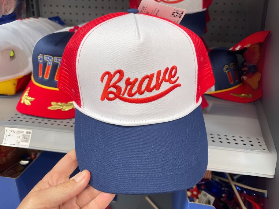 Way To Celebrate Patriotic Brave Trucker Hat in hand in store