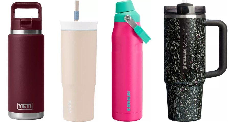 various YETI, Owala, and Stanley drinkware items