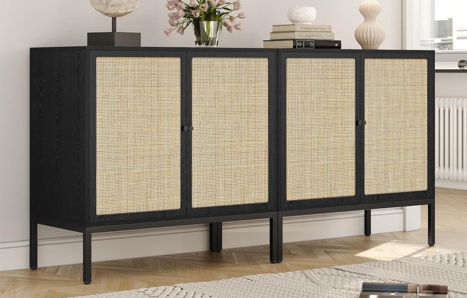 black wood console table with cream caned front 