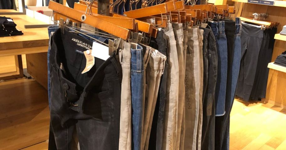 A rack of clearance bottoms at American Eagle