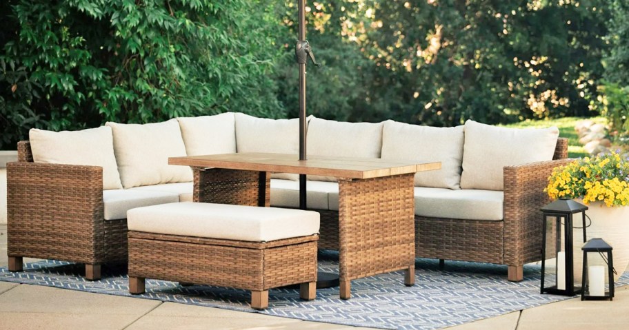wicker patio sectional with table and ottoman