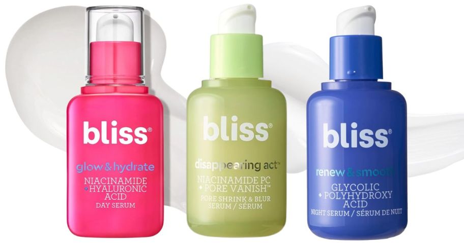3 bottles of Bliss serum in pink, green, and blue respectively 