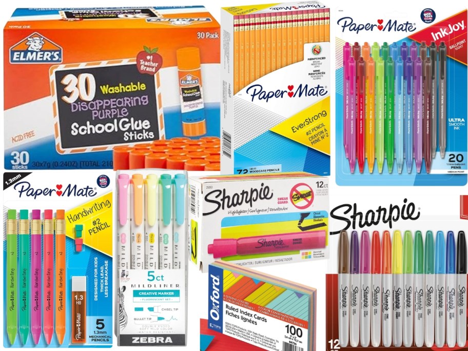 Elmer's Glue Sticks box, Papermate Pencils, Pens, Mechanical Pencils, Sharpie Highlighters and Markers, Colored Notecards, Zebra Hightlighters