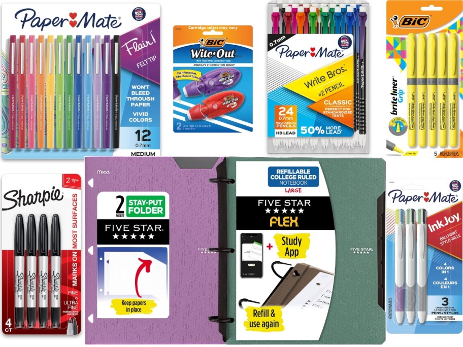various PaperMate pens, pencils, Bic highlighters and white out, Mead 3 ring binder and folder, and Sharpie markers