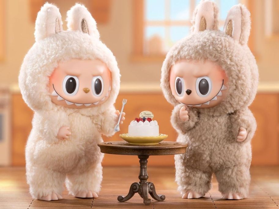 Two Labubu The Monsters Macaron Series plaush with a Happy Anniversary Cake between them on a toy table