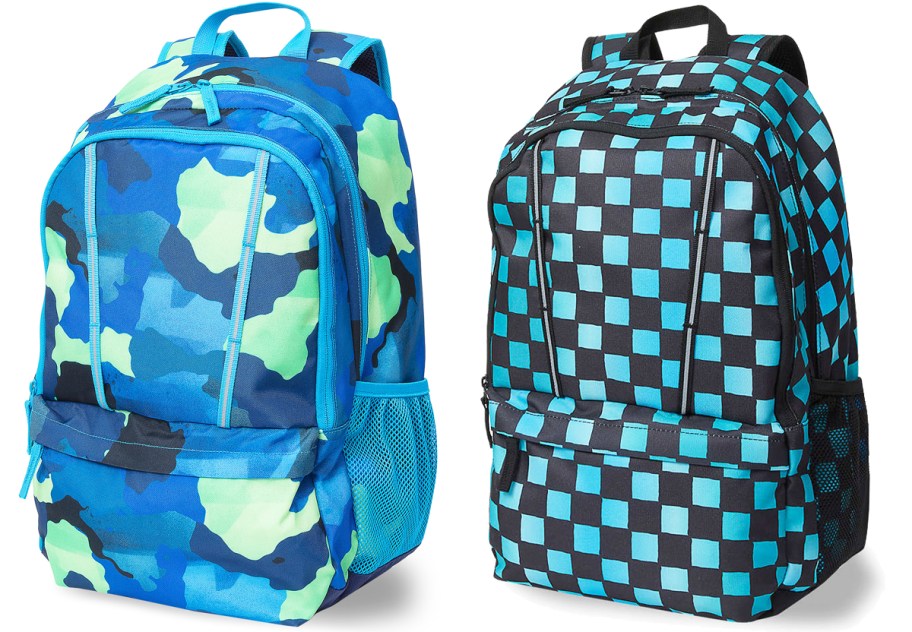 blue camo print and blue checkered print backpacks
