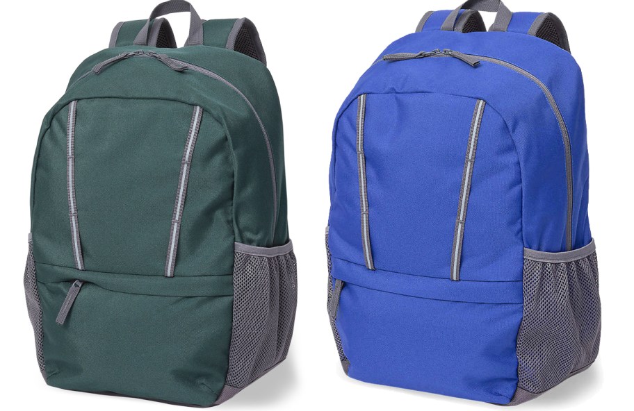 green and blue backpacks