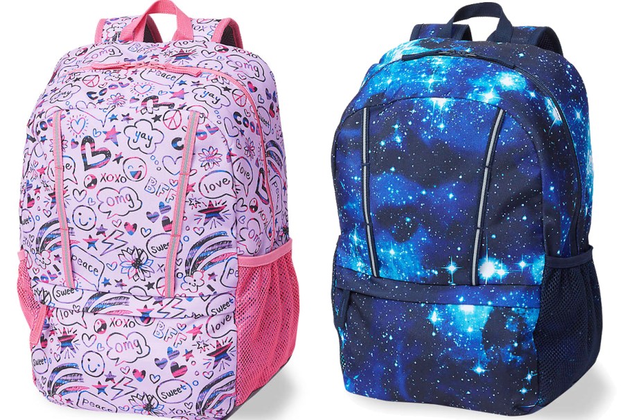 doodle print and galaxy print backpacks