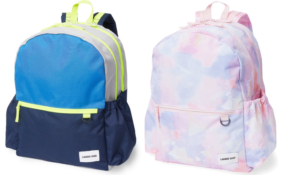 blue and green colorblock backpack and pastel pink backpack