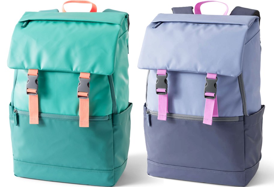 green and purple front flap backpacks