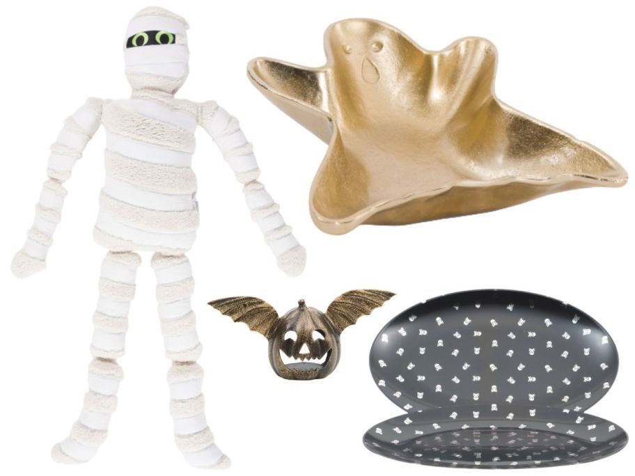 Marshalls Halloween Clearance items: mummy, ghost bowl, skeleton plates, and a pumpkin tea light holder
