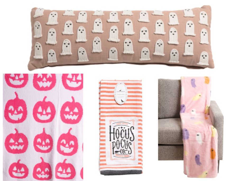 A large pillow with ghosts on it, throw blanket with pink jack o lanterns, a ghost throw blaket on a couch, and kitchen towels that say "Hocus Pocus" 