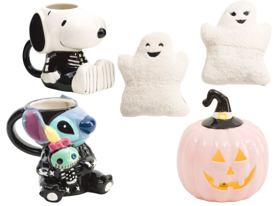 two mugs: Snoopy & Stitch, 2 ghost pillows, and a ceramic pumpkin