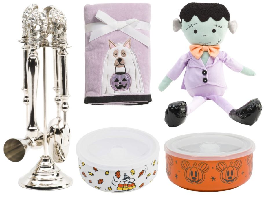 a silver skeleton bar set, towels with a dog dressed like a ghost, a seated Frankenstein's monster, and 2 bowls with lids in Snoopy and Mickey themes