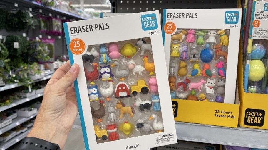 a womans hand holding a pack of novelty erasers