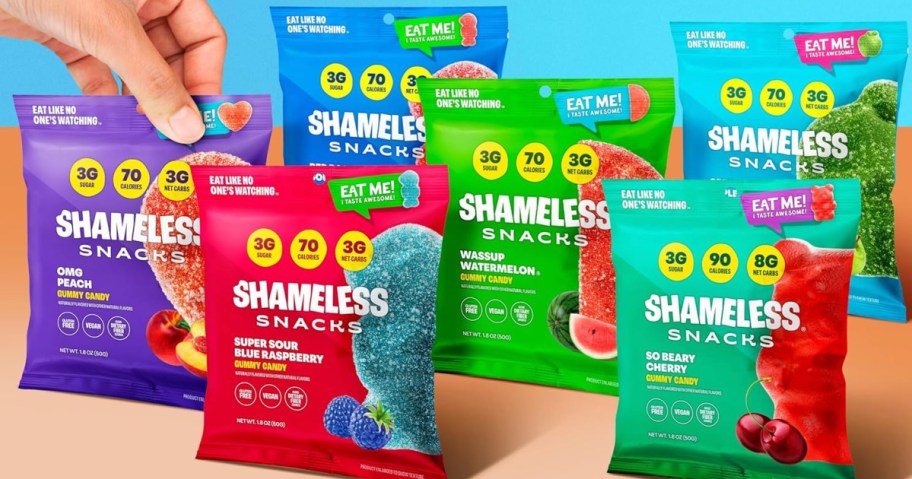 Different snack size packages of shameless snacks on countertop
