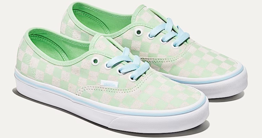 pair of green suede checkerboard sneakers