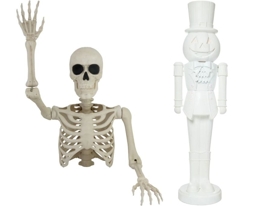 Stock image of a Way to Celebrate Skeleton Groundbreaker and a DIY Pumpkin Nutcracker