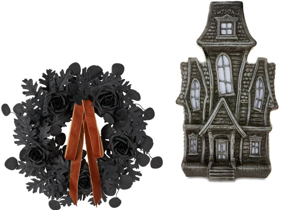 Stock images of a Way to celebrate Black Halloween Wreath and Haunted House Decoration