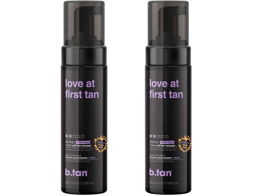 two stock images of b.tan Violet Base Self Tanner Mousse