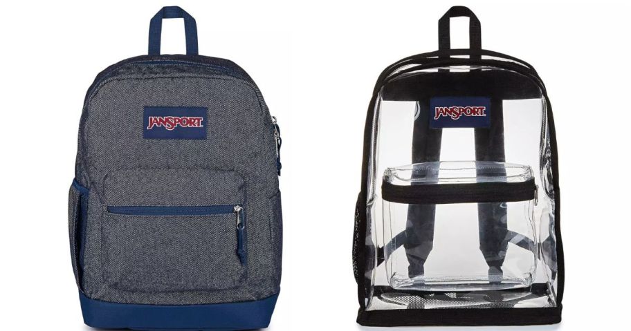 a grey and clear jansport backpack