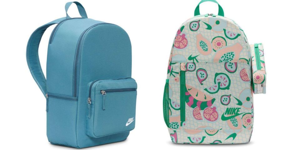 a green and multi-colored fruit patterned nike backpack