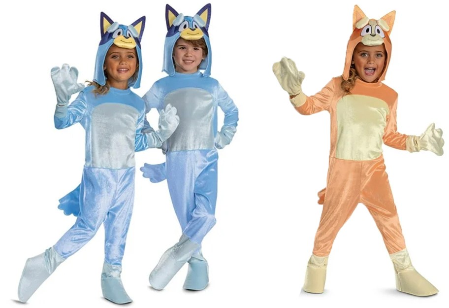 three kids wearing bluey and bingo costumes 