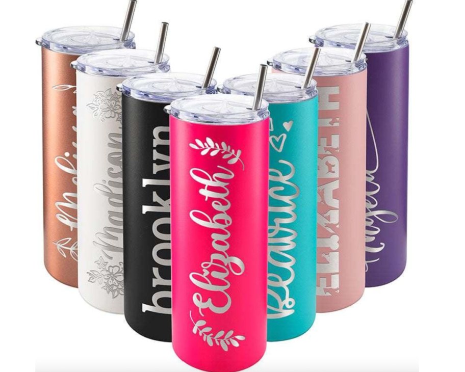 multi colored tumblers with stainless steel straw and silver name lettering