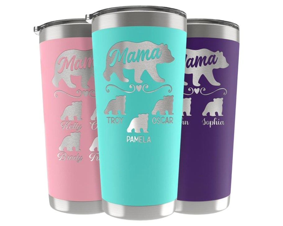 teal, pink, and purple tumblers with silver bear