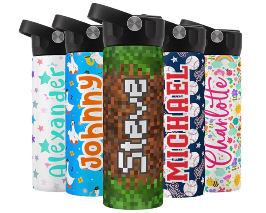 minecraft and character kids water bottle with black handle top