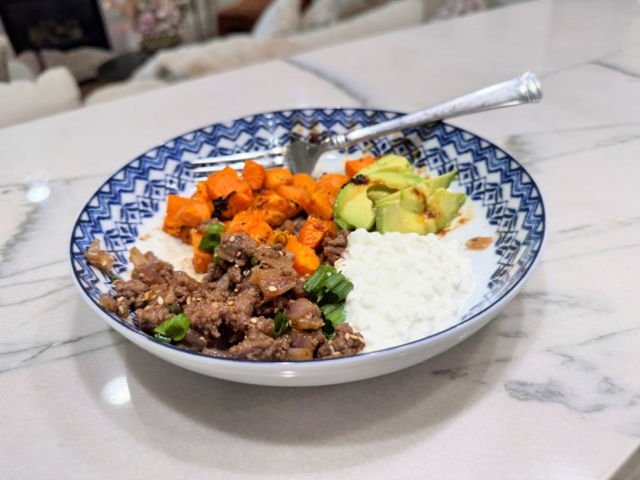 ground beef bowl on the counter with sweet potatoes and cottage cheese (1)