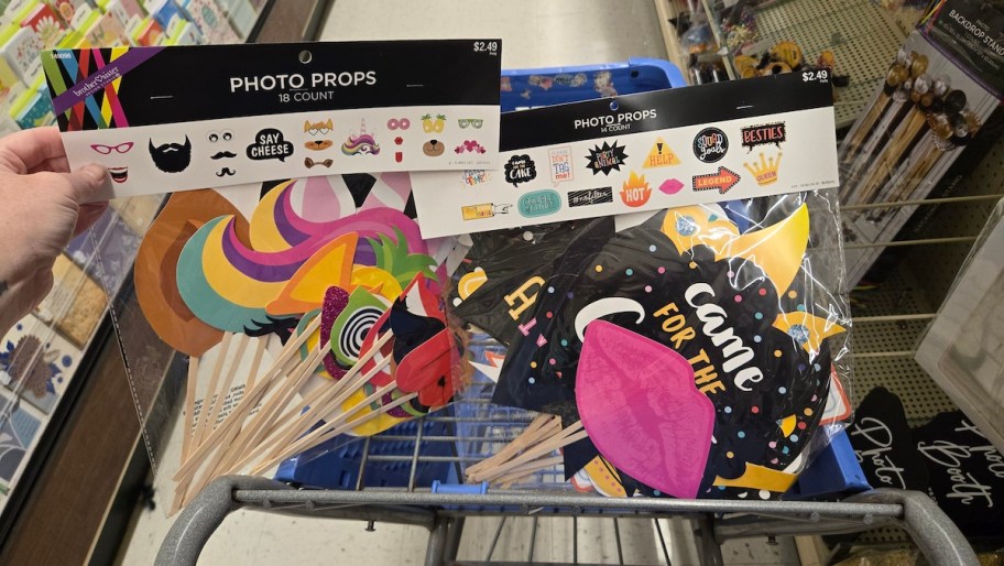 bags of photo props in store cart