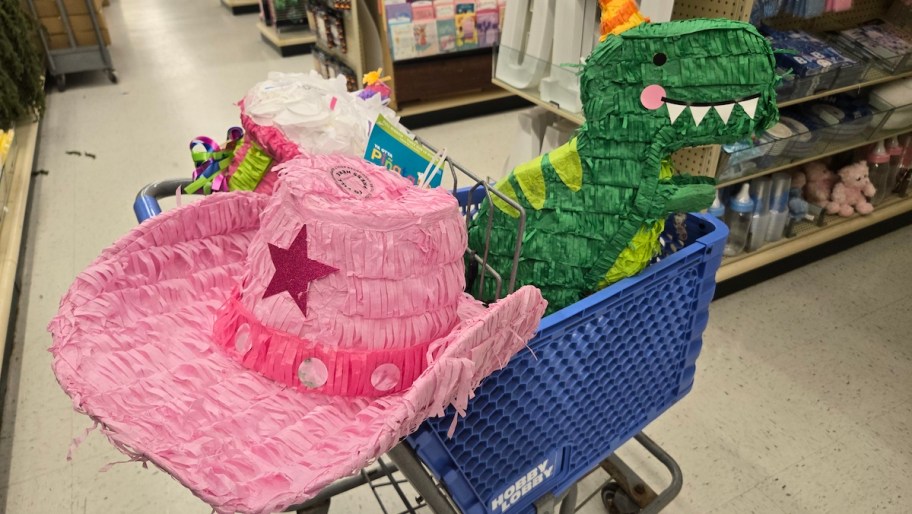 pink cowgirl hat or dinosaur pinata in blue store cart
