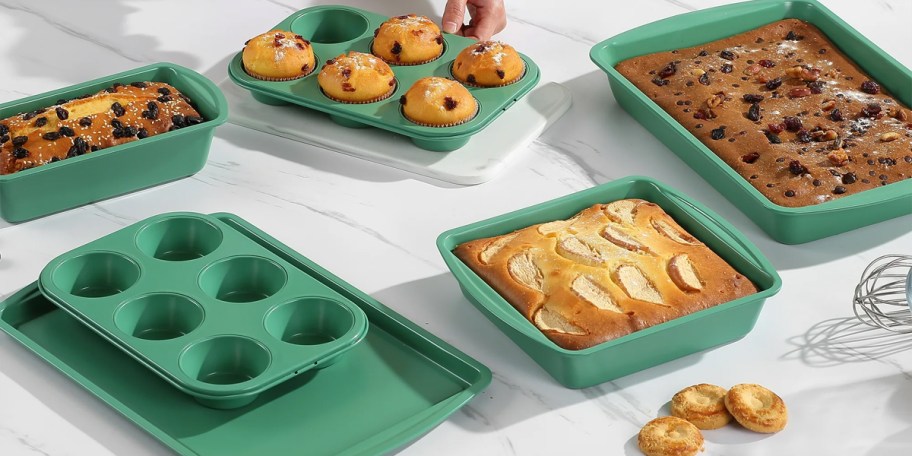green bakeware set on counter with food inside
