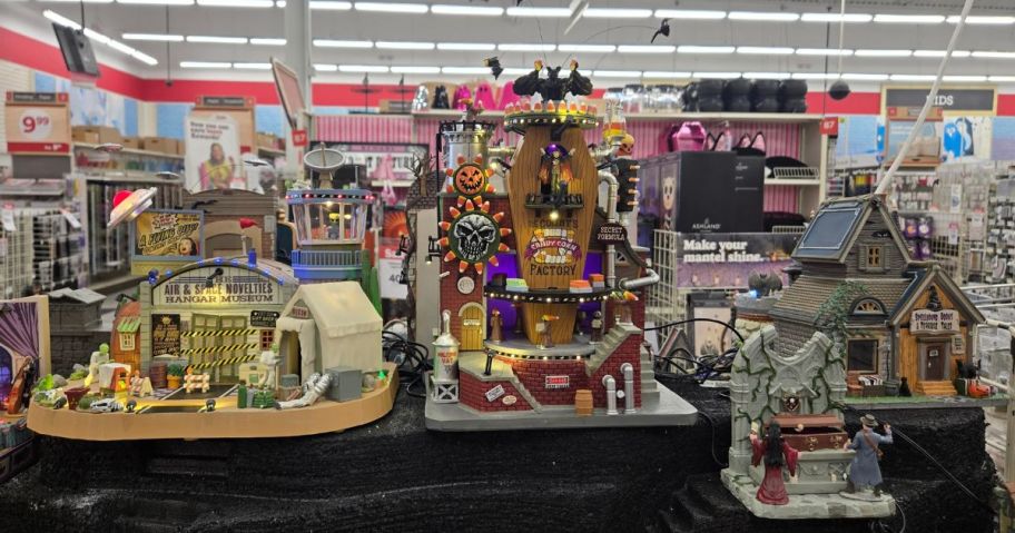 halloween village pieces on display in store