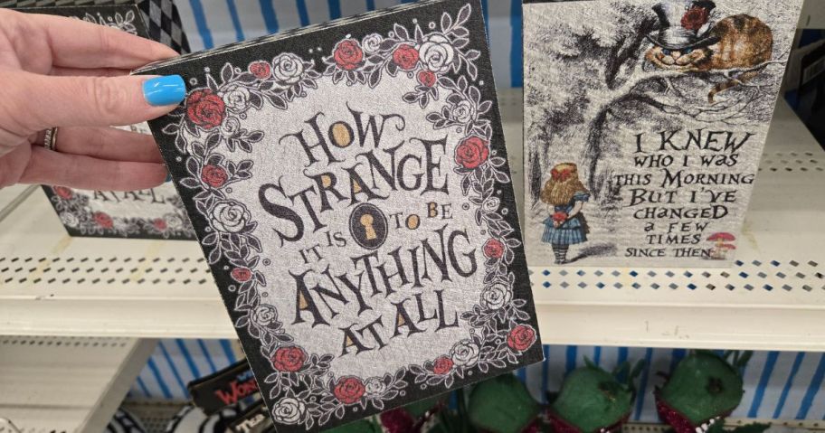 hand holding alice in wonderland sign in store