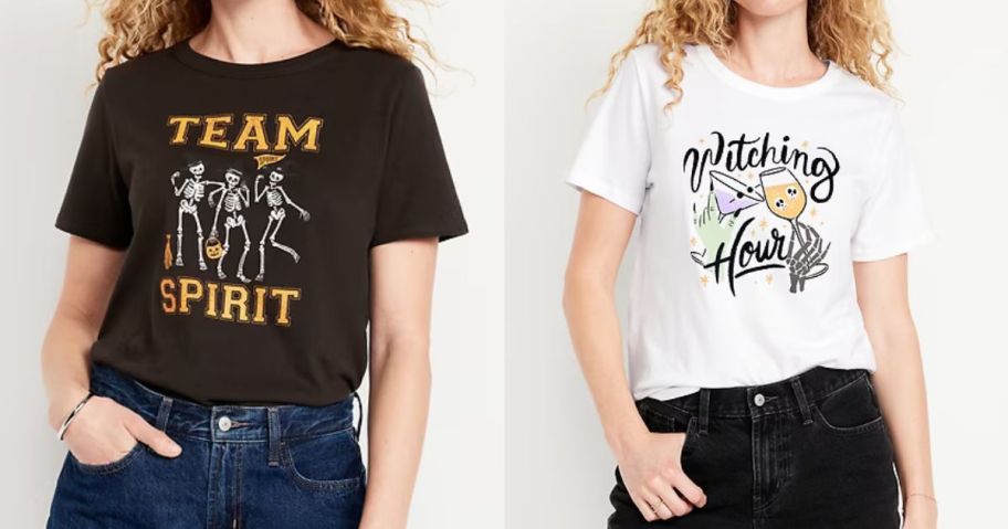 two women wearing old navy halloween shirts