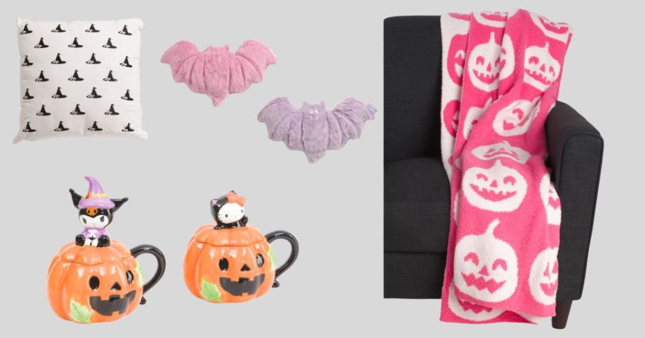 halloween pillows, mugs, and throws
